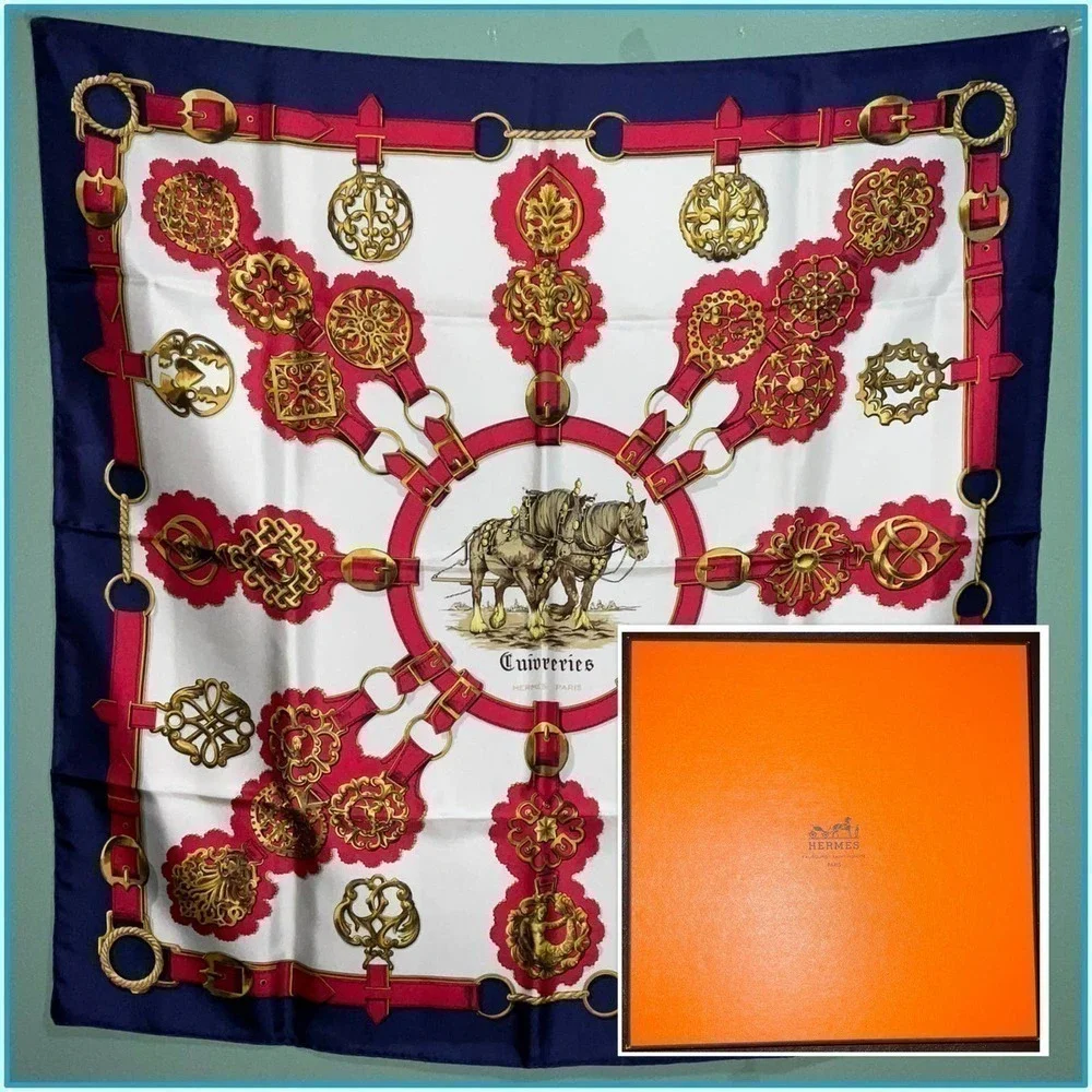 Hermes Scarf CARRE 90 "Cuiveeries" Carriage / Blue/ Red / Silk 100% NWT/BOX - Picture 16 of 16